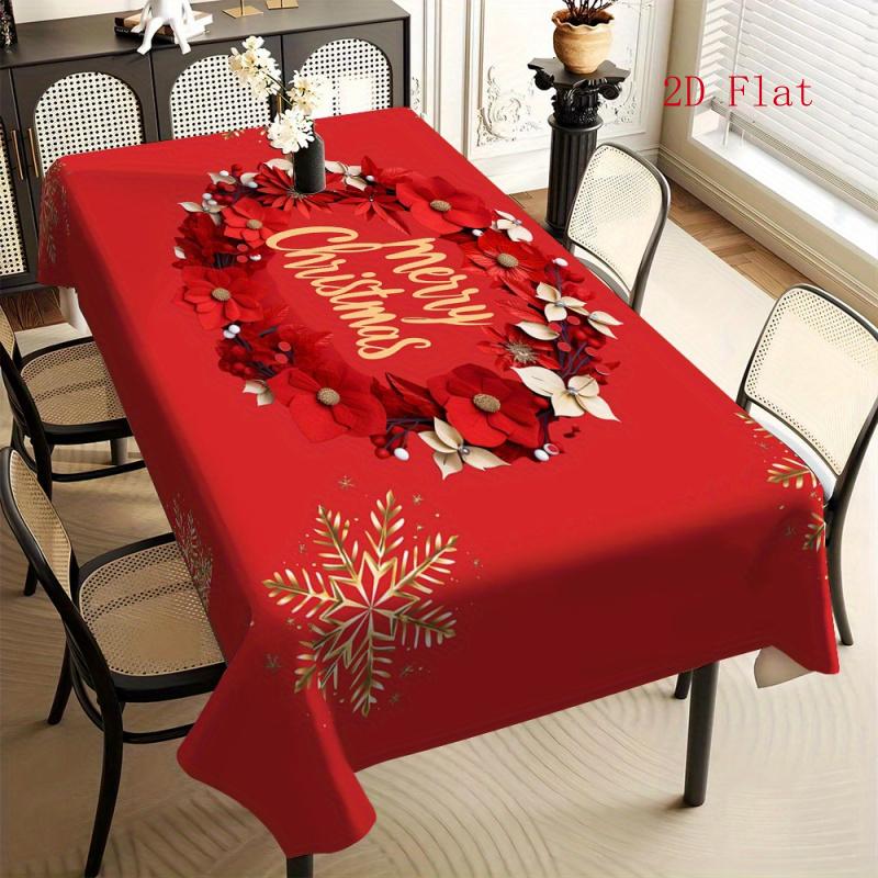 2D Flat 1pc-rectangular Christmas Wreath Print Washable Tablecloth for Holiday Gatherings and Daily Dining, Suitable for Indoor/outdoor Parties and Ho