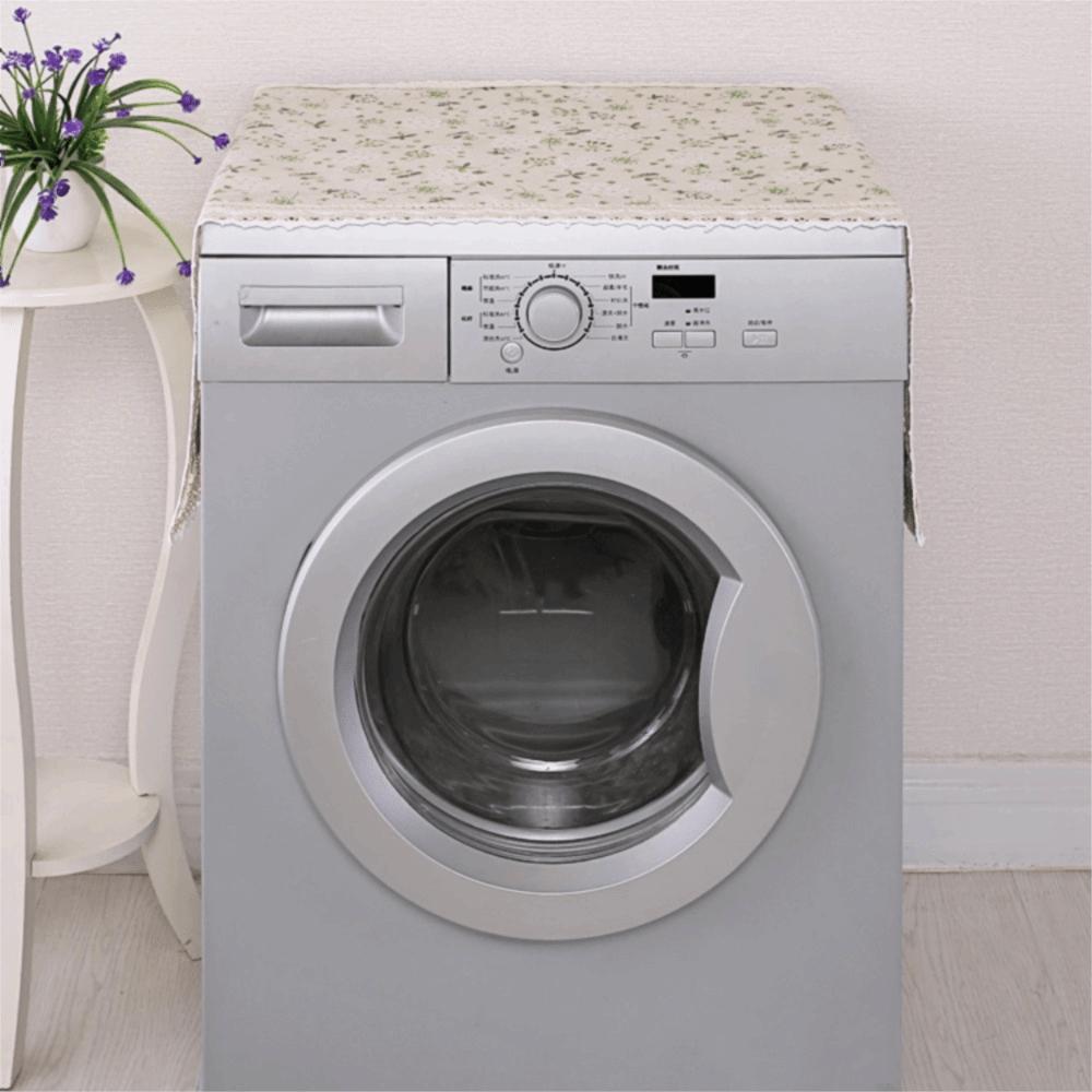 Cotton Linen Refrigerator Dust Cover with Pocket Printed French Door Refrigerator Cloth Lace Trim Fridge Protection Cover