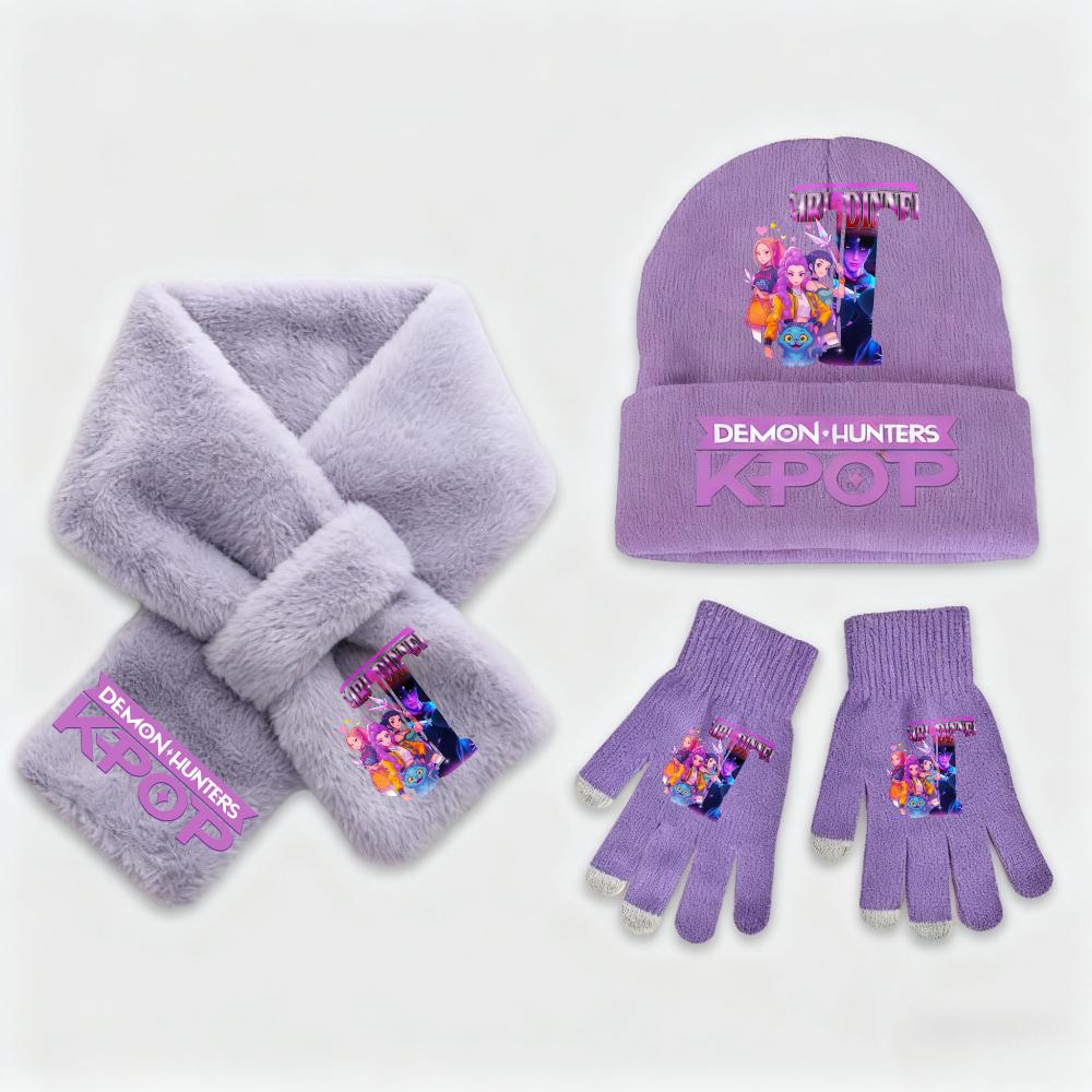 3Pcs KPop Demon Hunters Collection Fashion Kids' Clothing Designed for Girls - Warm Knit Hat Scarf Plus Gloves - Cold Season Casual Birth Date