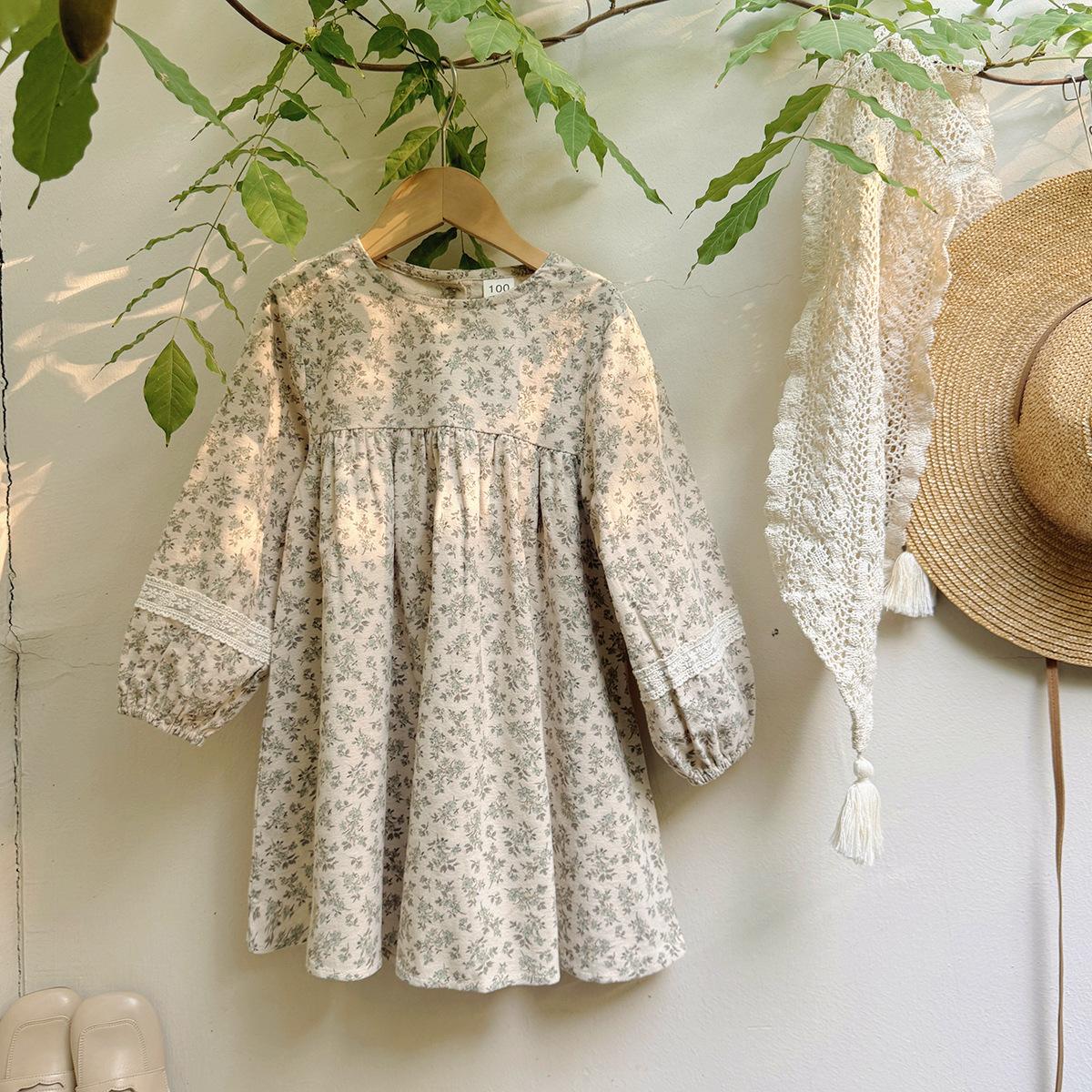 Girls Spring Floral Dress Round Neck Puff Sleeve Loose Long Sleeve Lace Trim Kids Dress 90cm