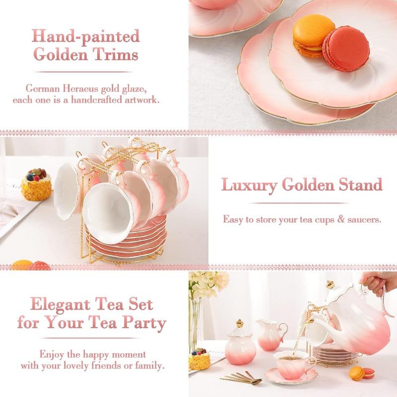 22 pcs Porcelain Tea Set for 6, Luxury British Style Tea/Coffee Cup Set with Golden Trim, Beautiful Tea Set for Women