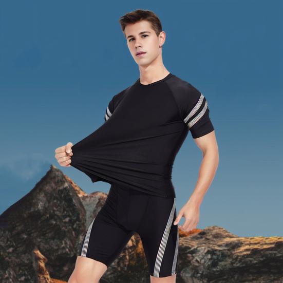 Herren Badeshorts Wassersport Oberteil O-Ausschnitt Kurzarm Slim Fit Elastisch Atmungsaktiv Schnelltrocknend Gestreift Knielange Hose Surfen Waten Sport