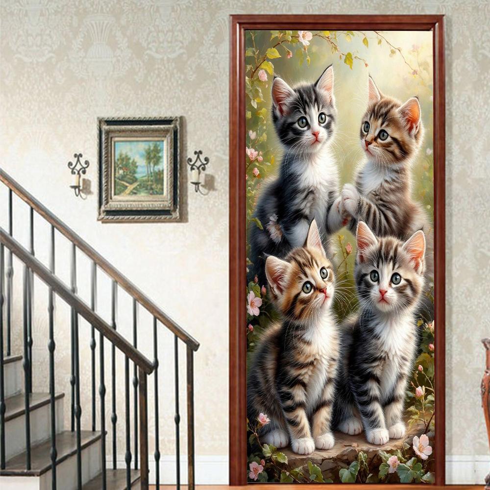 

1 шт. Мила наклейка на двері з вінілу з котиком для спальні, домашнього декору, самоклейна, знімна настінна наклейка, реновація дверей, водонепроникний постер 40x120cm