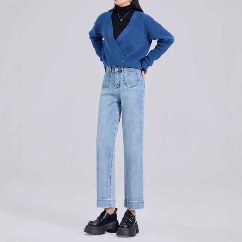 

Женские весенние джинсы 2025 года, синие, с высокой посадкой, облегающие - эластичные в четырех направлениях, узкие и широкие, прямые длиной девять точек. 27 синий