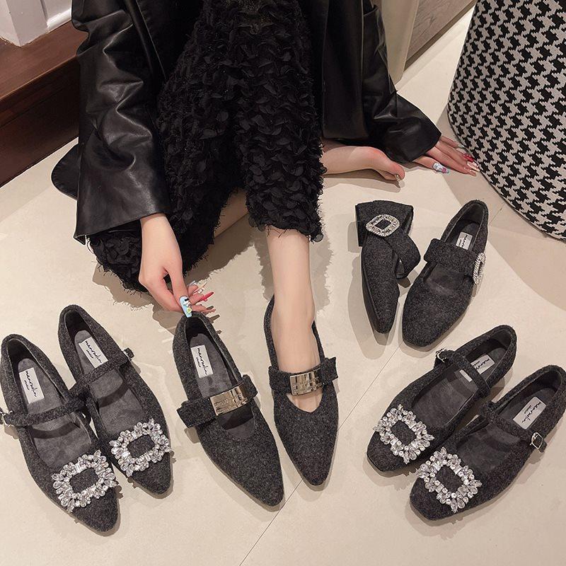 Buckle small fragrant wind plush winter 2025 rhinestone thick heel new square head gentle temperament scoop Mary Jane shoes children