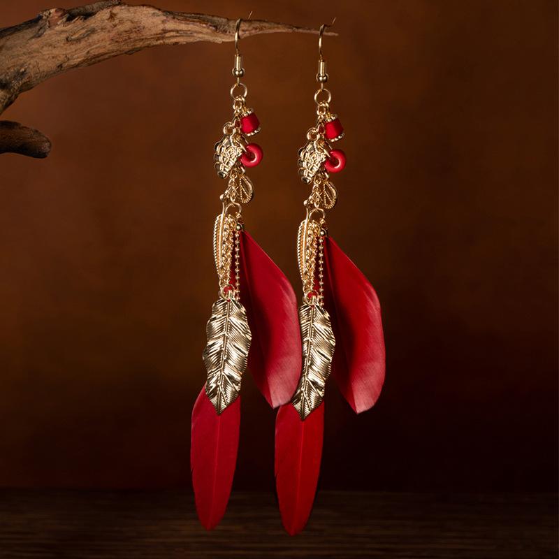 Bohemian Leaf Feather Earrings Retro Ethnic Style High Temperament Earrings Long Chain Ear Hook Jewelry Women