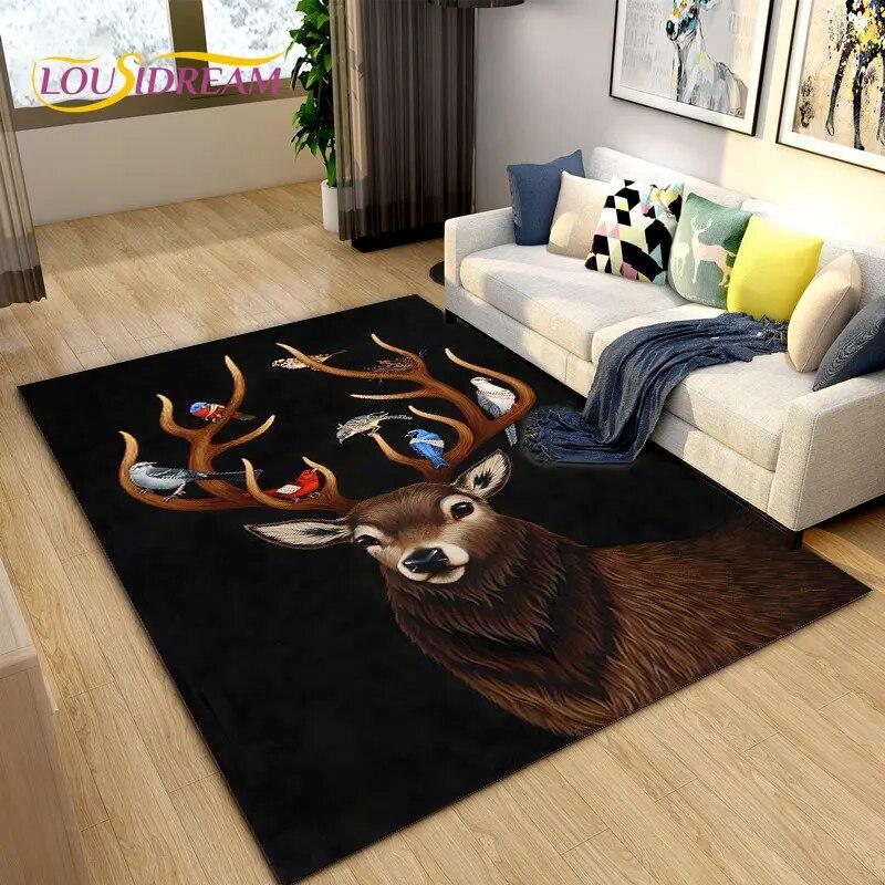 3D Cartoon Nordic Elk Reindeer Area Rug,Carpet Rug for Living Room Bedroom Sofa Doormat Decoration,Child Play Non-slip Floor Mat