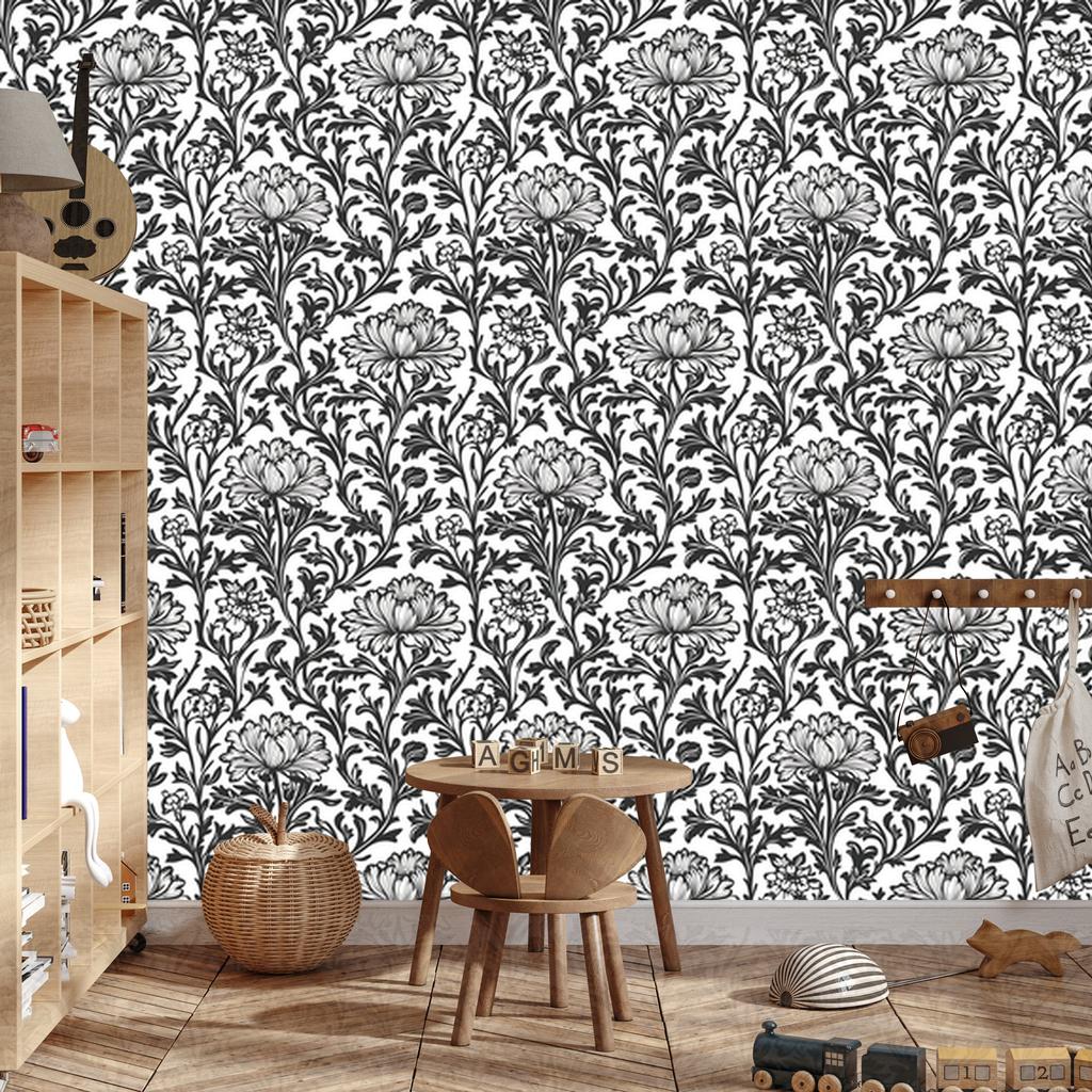 Wallpaper Black and White Flowers Gray for Living Room and Bedroom 50x1000