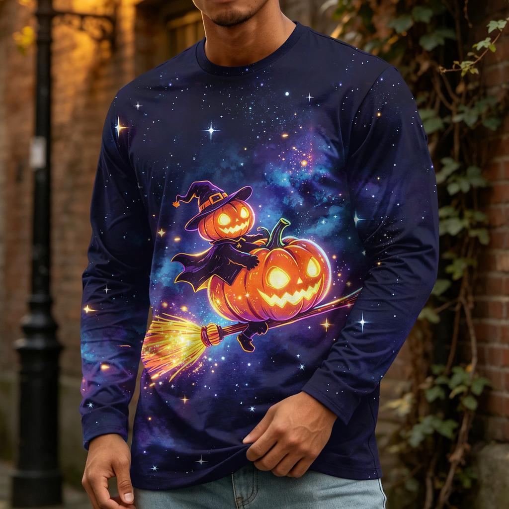 Men's Halloween Print Long Sleeve Neck T-Shirt Loose Fit Casual Top
