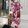 Women Plus Size White Printed Collared Long Sleeve Button Front Curved Hem Shirt Dress