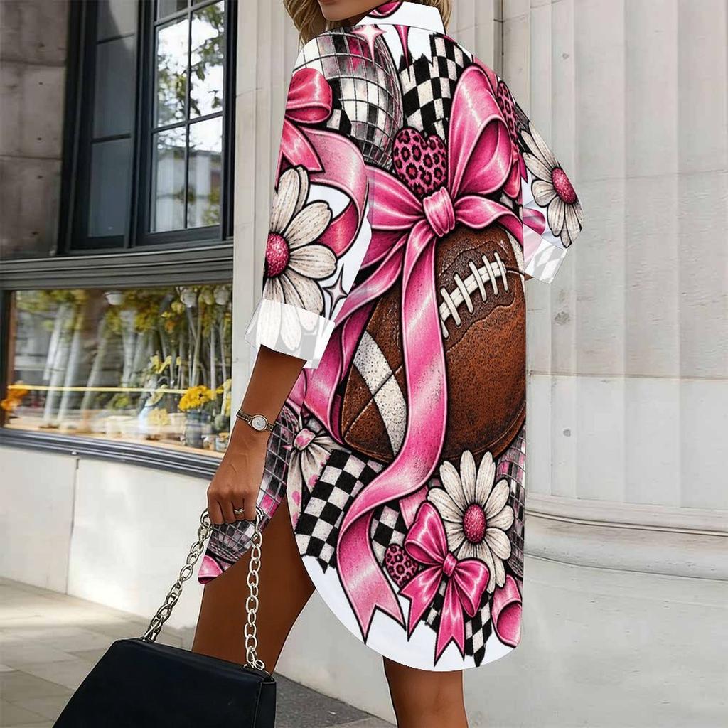 Women Plus Size White Printed Collared Long Sleeve Button Front Curved Hem Shirt Dress