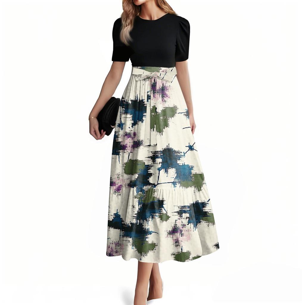 Dame Mote Casual Belte Kortermet Rund Hals Søm Elegant Temperament Kjole