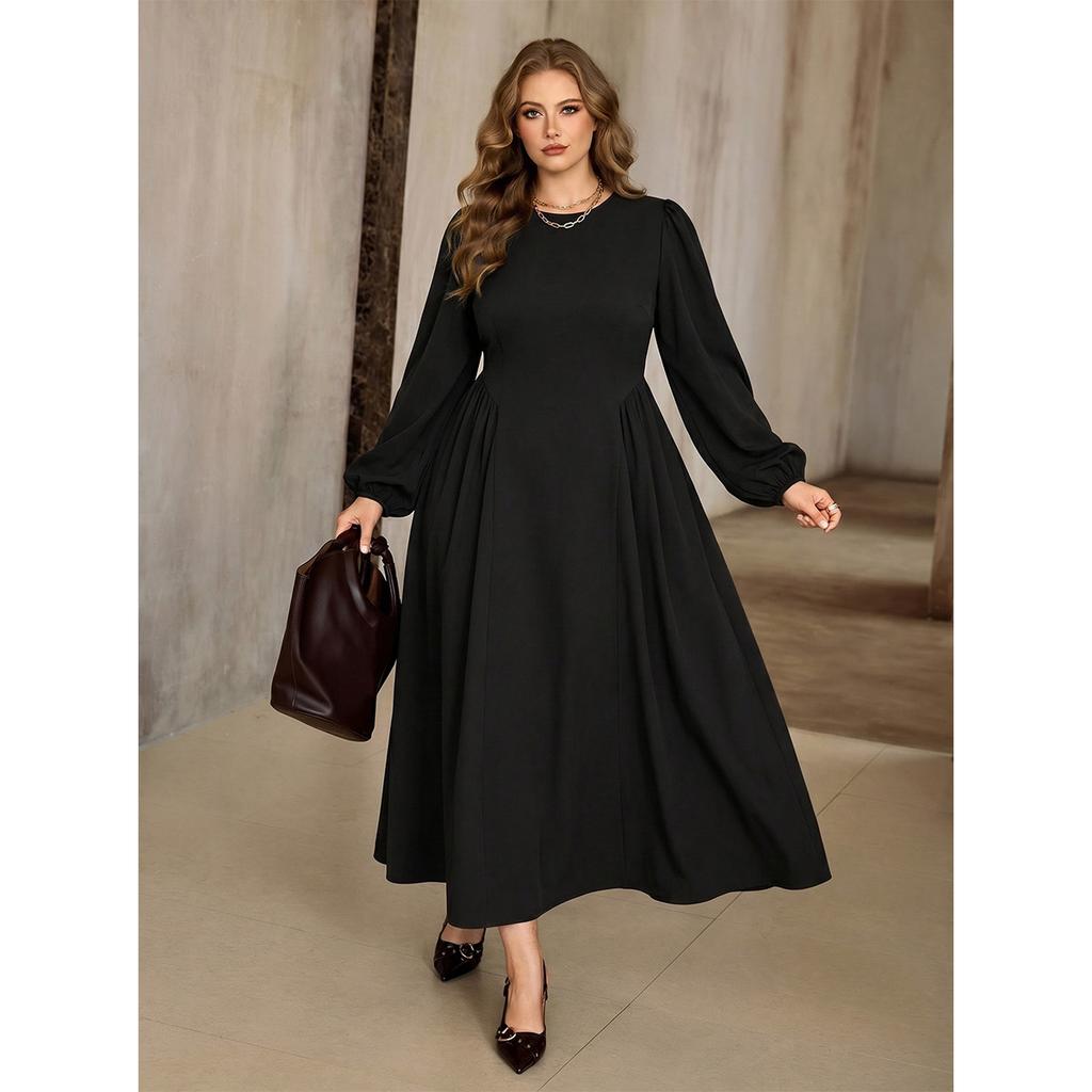 Plus-size Women's Business Casual Long Dress with Loose Balloon Sleeves, Cinched Waist, and Figure-hugging Design for A Flattering Drape Effect.