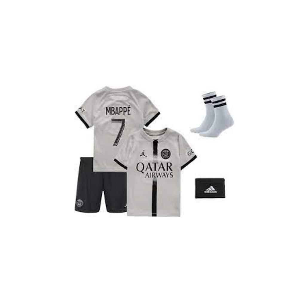 Psg Mbappe Gray Away Kids Football Jersey Set Of 4 Jersey Shorts Socks Wristband