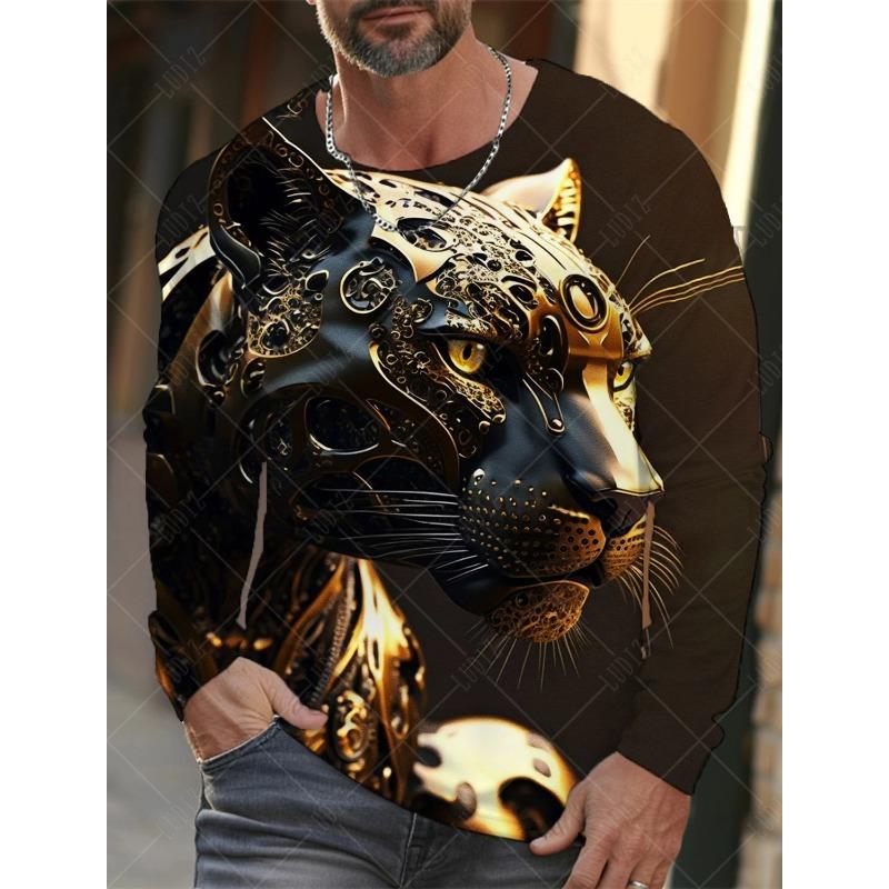 Outdoor Leisure Men's Long-sleeved T-shirt Animal Tiger Lion Leopard Pattern Street Top Sports Fashion Autumn Warm Long Sleeve