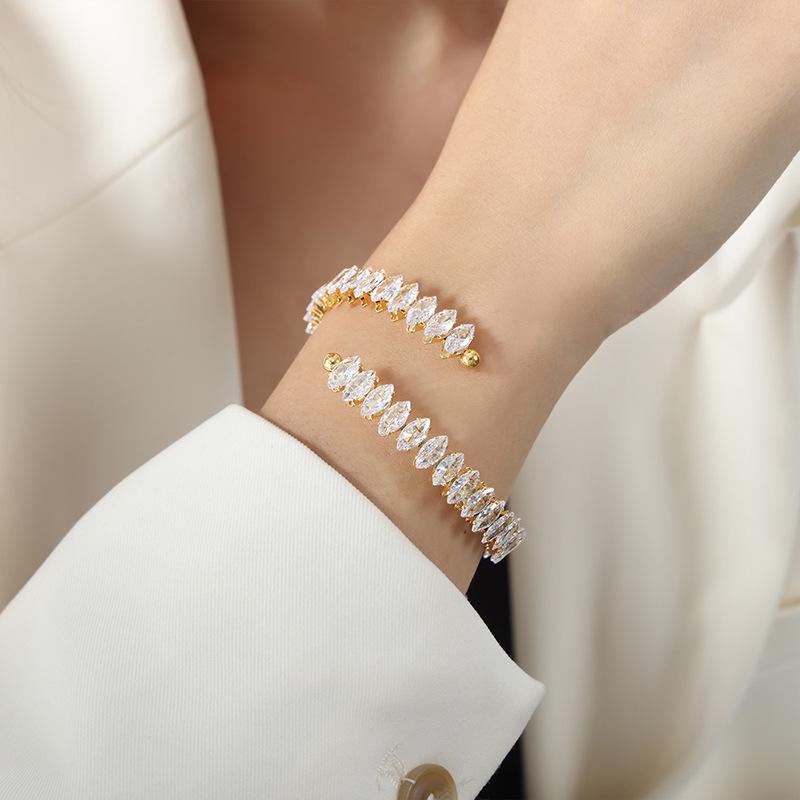 Baroque Rhombus Colorful Zirconia 18K Gold Titanium Steel Open Bangle for Women