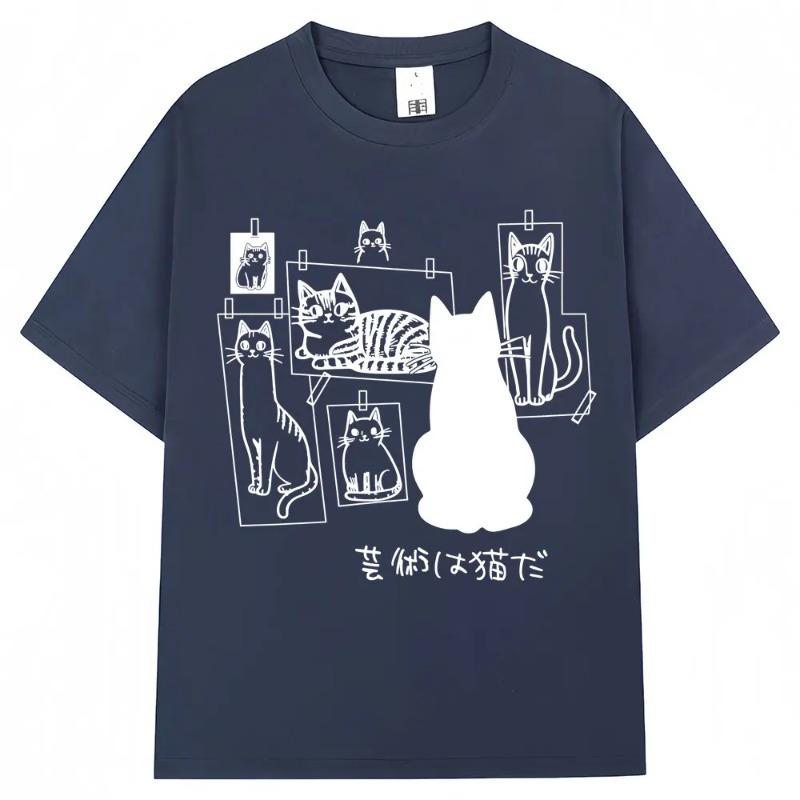 Japanese Funny Black Cat Anime Print T Shirt Men Women Fashion Vintage Harajuku T-shirts Oversized Cotton Casual T Shirts