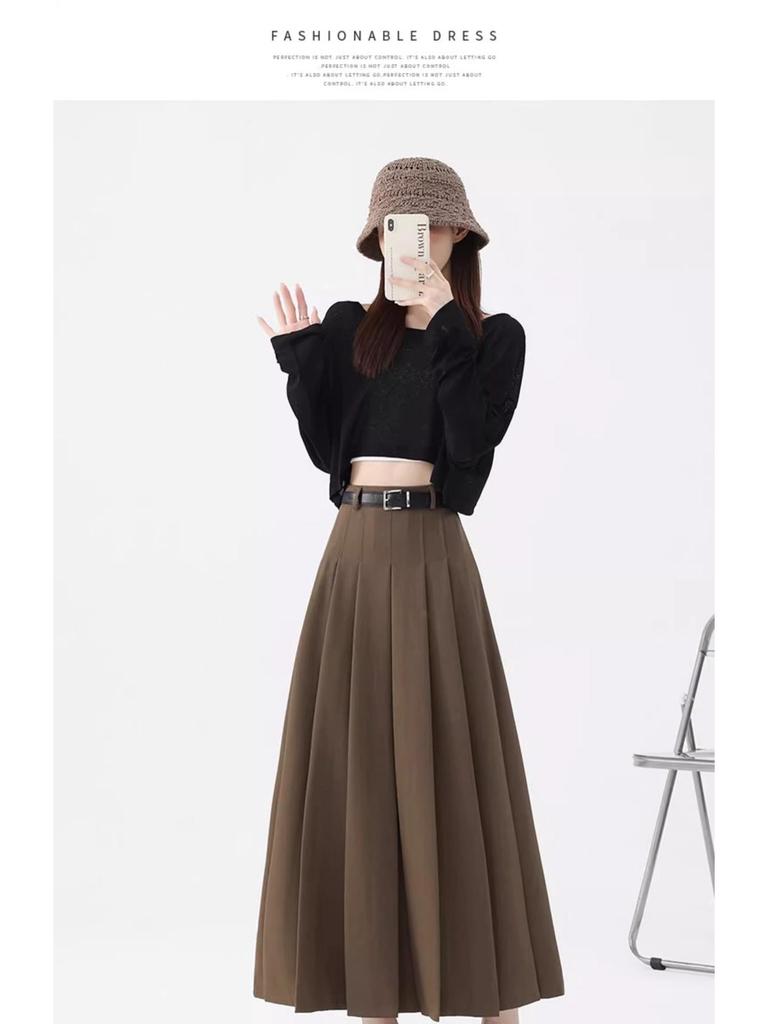 Women's High Waist Gray A-Line Pleated Mid-Length Skirt - Spring, Summer, Autumn 2025