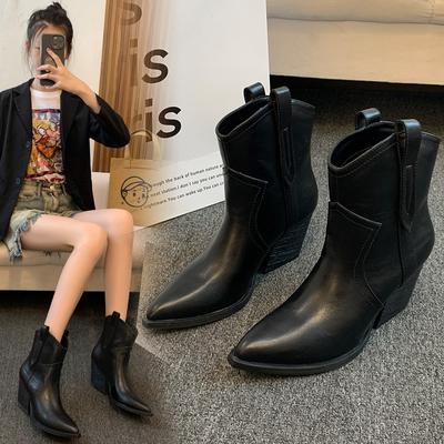 Fashion Autumn Winter Casual Western Cowboy Ankle Boots Fashion Women’s Platform Pointed Toe Designer Shoes Slip-On High Heels