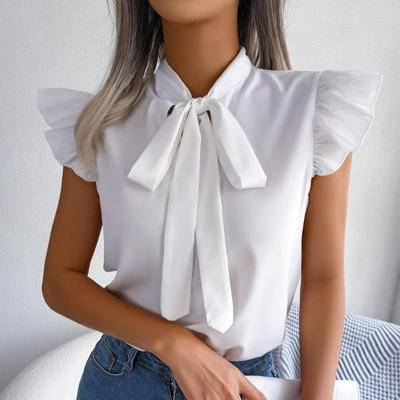 Women Commuter Chiffon Shirt Blouse Tops Spring Summer Temperament Wooden Ear Lace Up Bow Tie