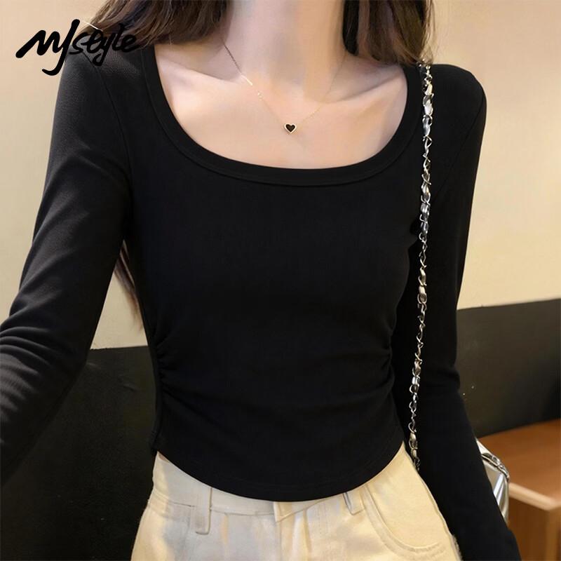 MJ STYLE Women s Square Neck Pleated Long Sleeve T-Shirt M