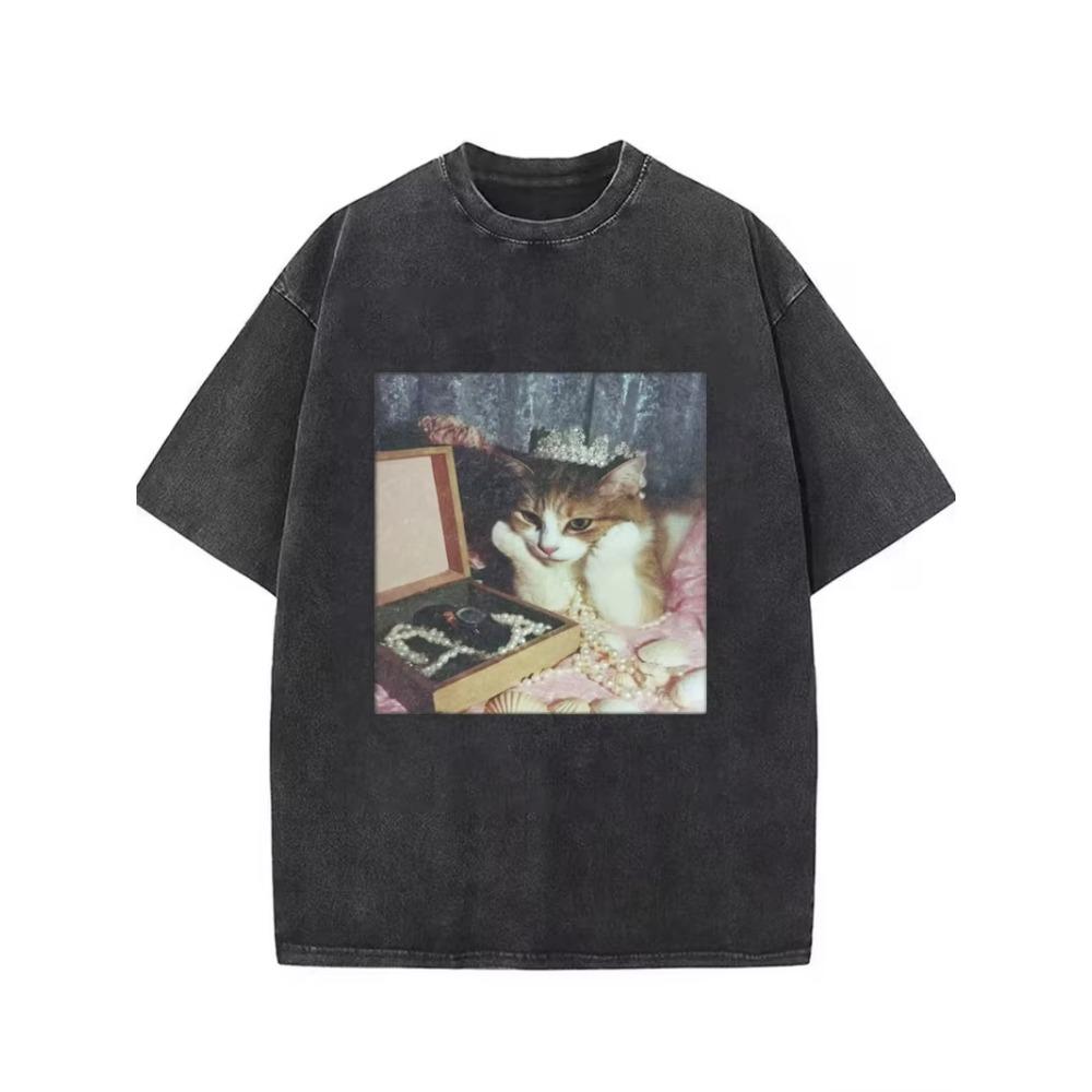 Cute Princess Cat Treasure Graphic T-shirt, Oversized Retro Washed Tee Unisex For Men Women Travel Daily Casual Streetwear Cotton Tops, Y2K Style