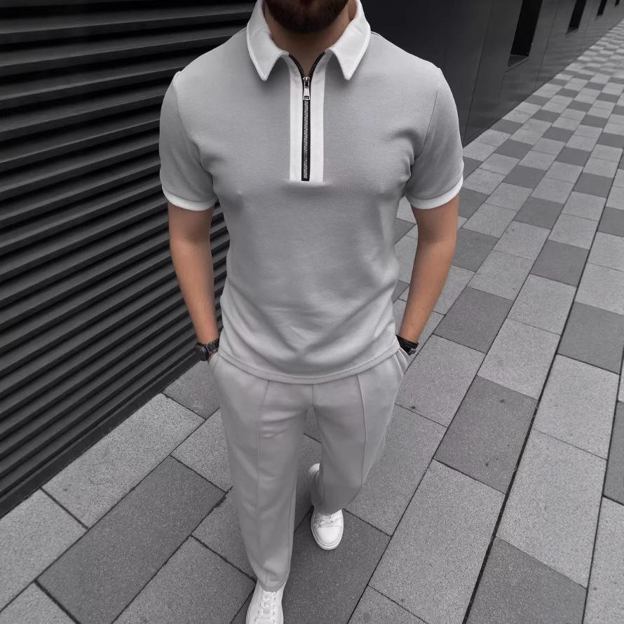 

Летняя мужская рубашка ПОЛО на молнии, контрастного цвета, с лацканами, с коротким рукавом, повседневный однотонный комплект брюк S серый
