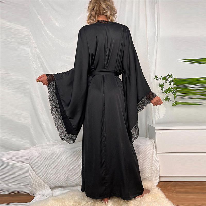 Sexy Langer Uni Spitzen-Patchwork Seiden-Satin Bademantel Damen Ausgestellte Ärmel Locker Hofstil Nachtwäsche Spitze Besatz Roben Loungewear
