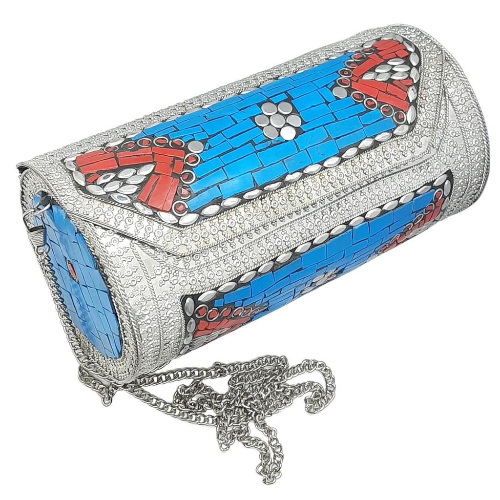 Eye Catching Handmade Cylinder Round Ethnic Stone Metal bag Antique Bridal clutch