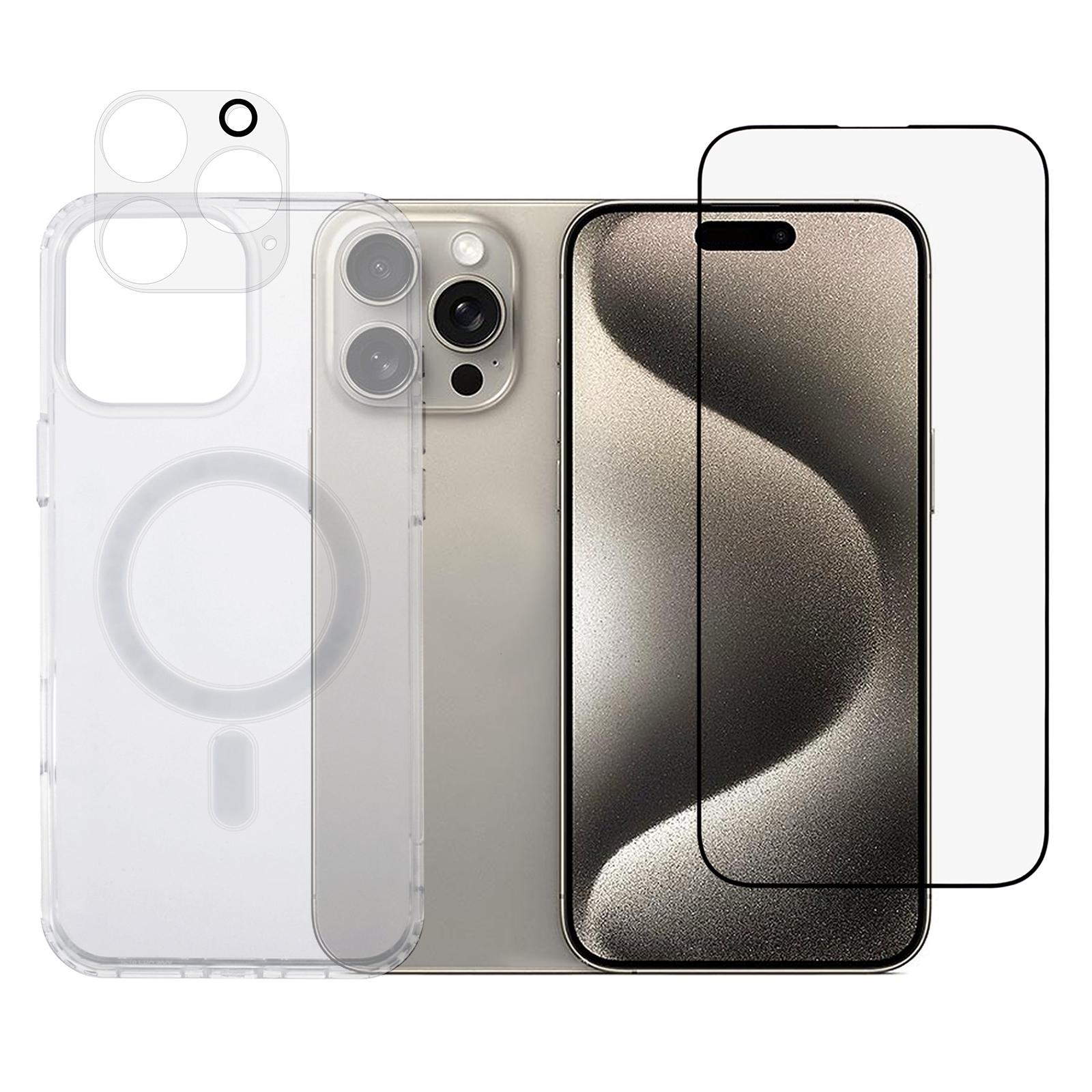 

For iPhone 16 Pro TPU+Acrylic Phone Case with Silk Printing Tempered Glass Screen Film+Clear Lens Film A