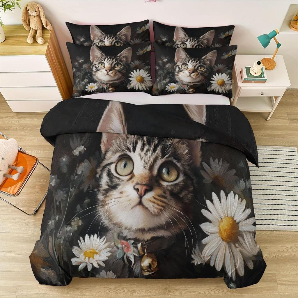 Bedding Sets 2Pcs,Watercolour Bedding Set, Black Cat Quilt Cover and Pillow Cases Soft Microfiber Duvet Cover for Boys and Girls