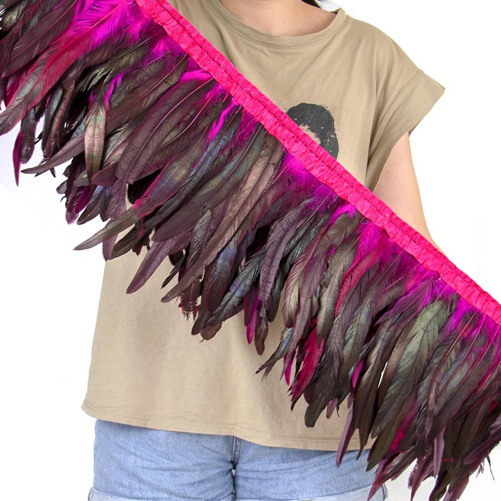 2Meters 25-30CM Rooster Tail Feather Tassel Trim for Wedding Party Dress Handicraft Accessory Cock Plumes Ribbon Chicken Feather