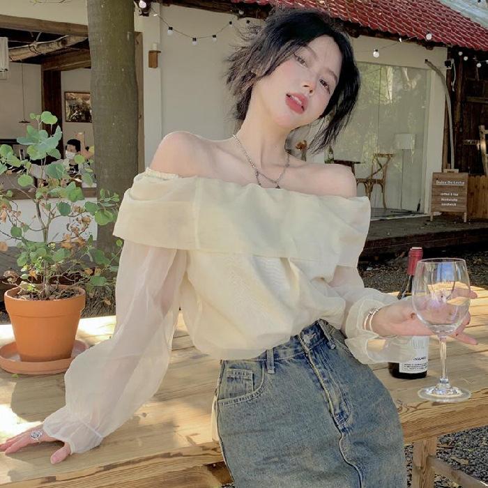 

Real price summer new Korean style one-word shoulder top gentle loose and thin pure desire long-sleeved shirt women ins tide XL