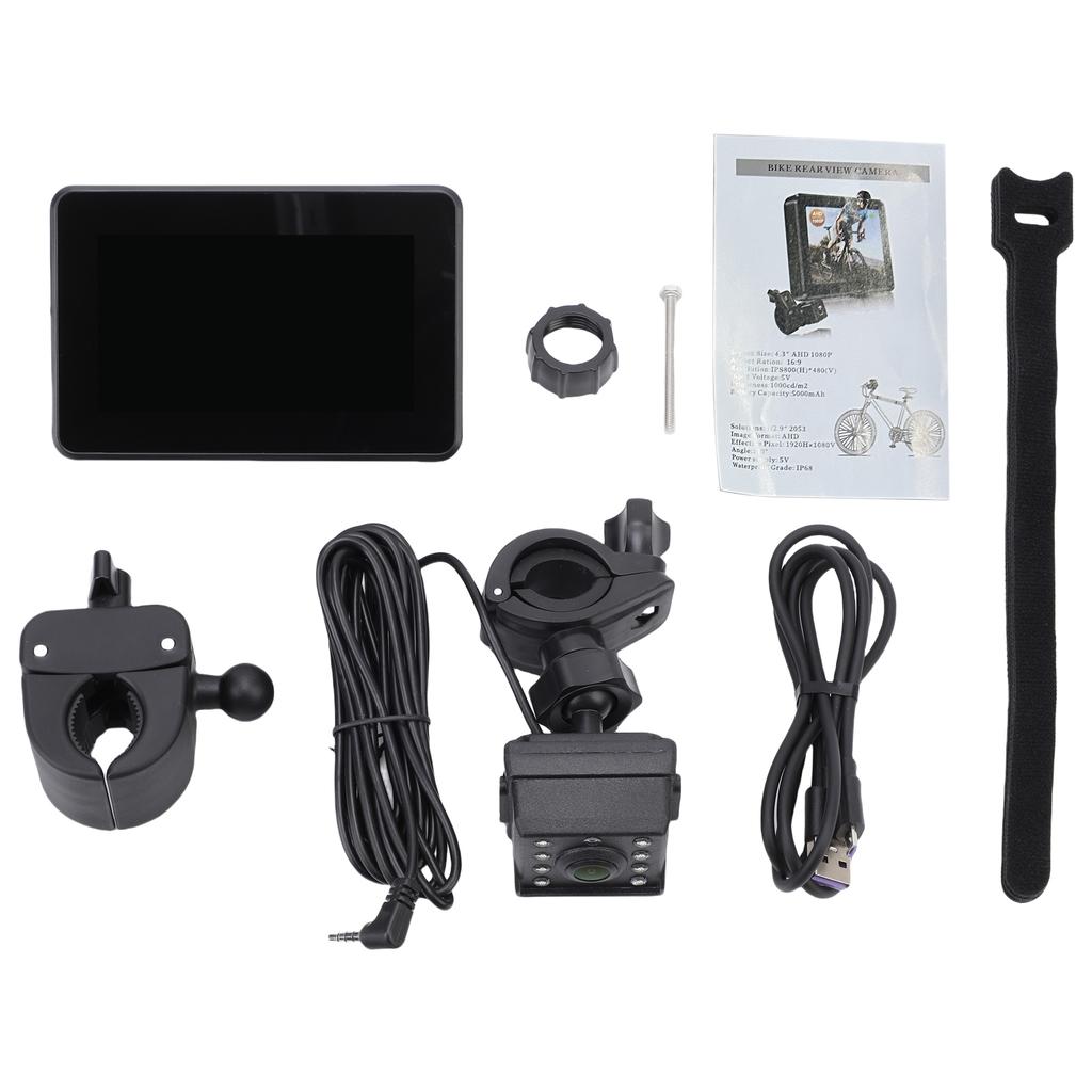 Lenker Fahrradspiegel, 1080P Fahrrad Rückfahrkamera mit 4,3" Monitor 8 LED Nachtsicht 110 Grad Weitwinkelansicht