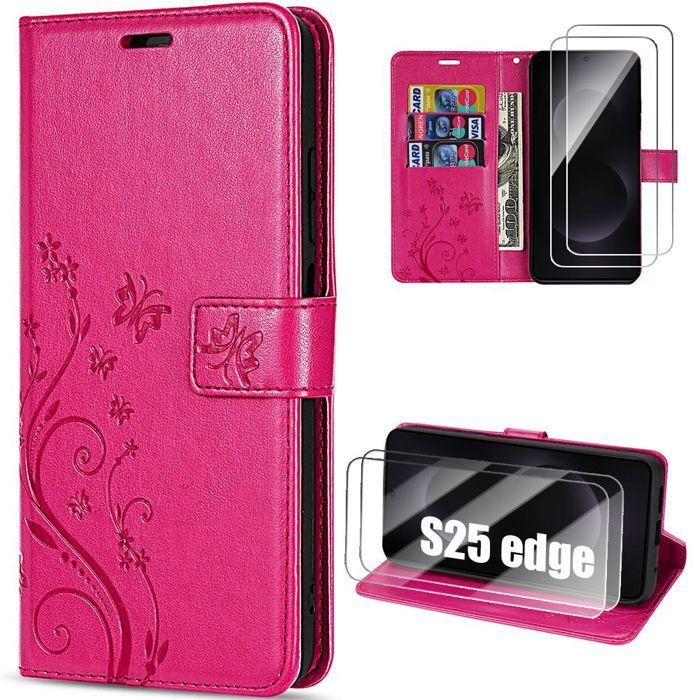 Coque de Protection - BOOLING - pour Samsung Galaxy S25 Edge - Synthécuir Motif Fleur Fuchsia - 2 Verres Trempés