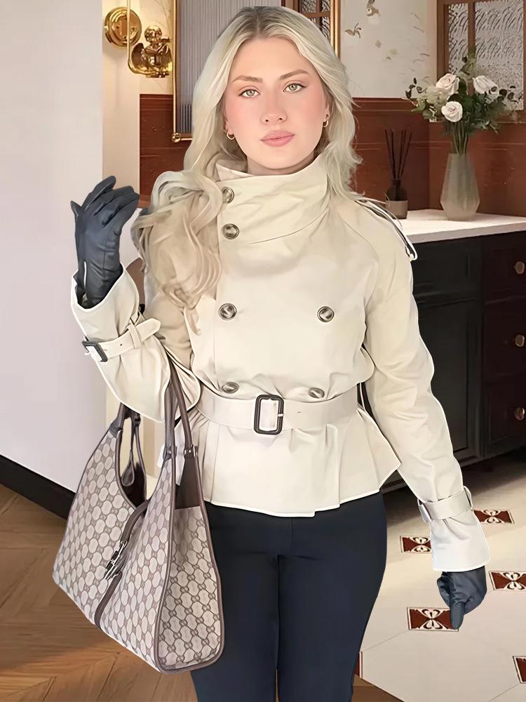 

2025 Осень Абрикосовый Короткий Тренч с Воротником-Стойкой и Поясом: Элегантный и свободный крой Small хаки