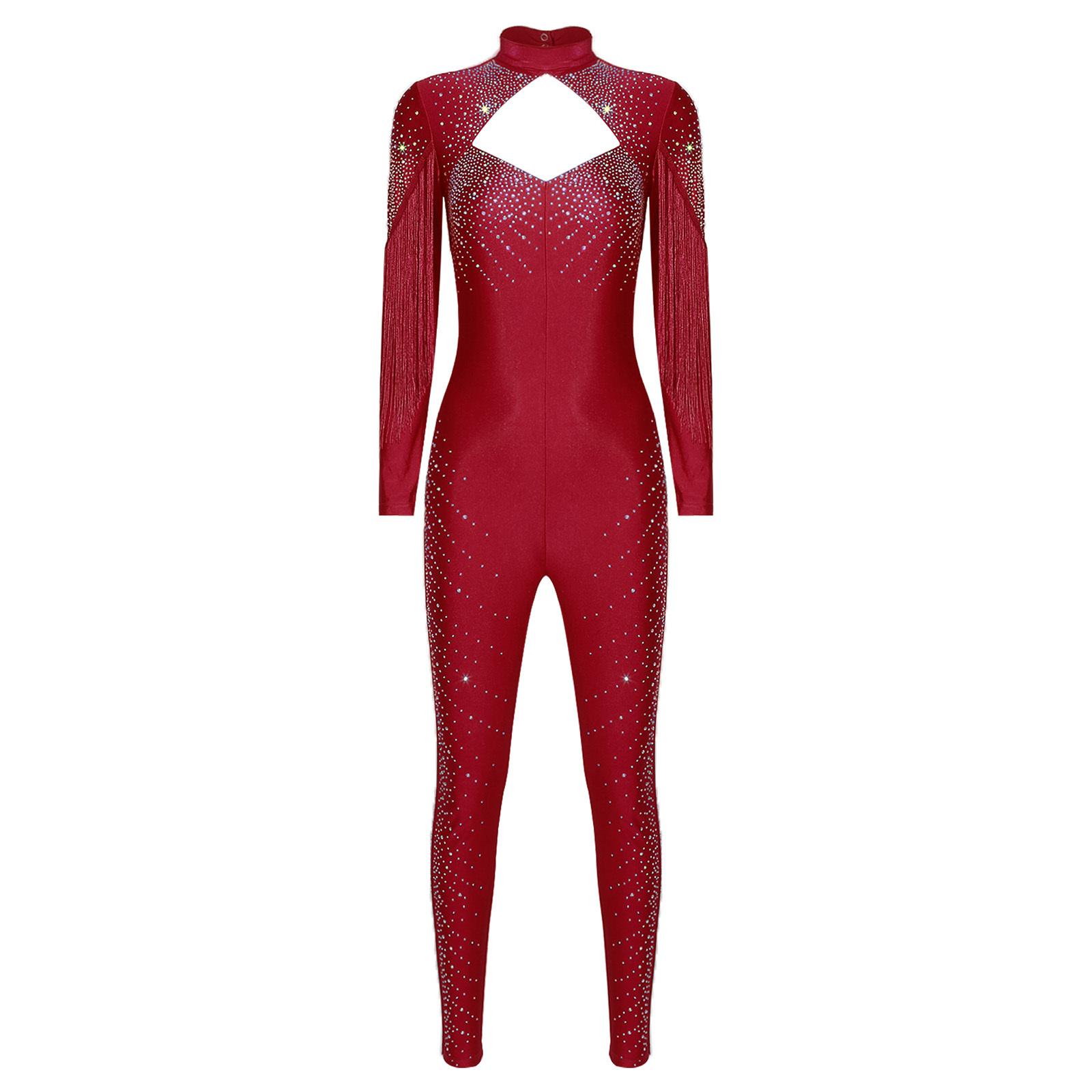 

Жіночий комбінезон для фігурного катання з блискучими стразами, довгим рукавом, дизайном з бахромою спереду, вирізом на спині та цілісним ромпером M бордовий