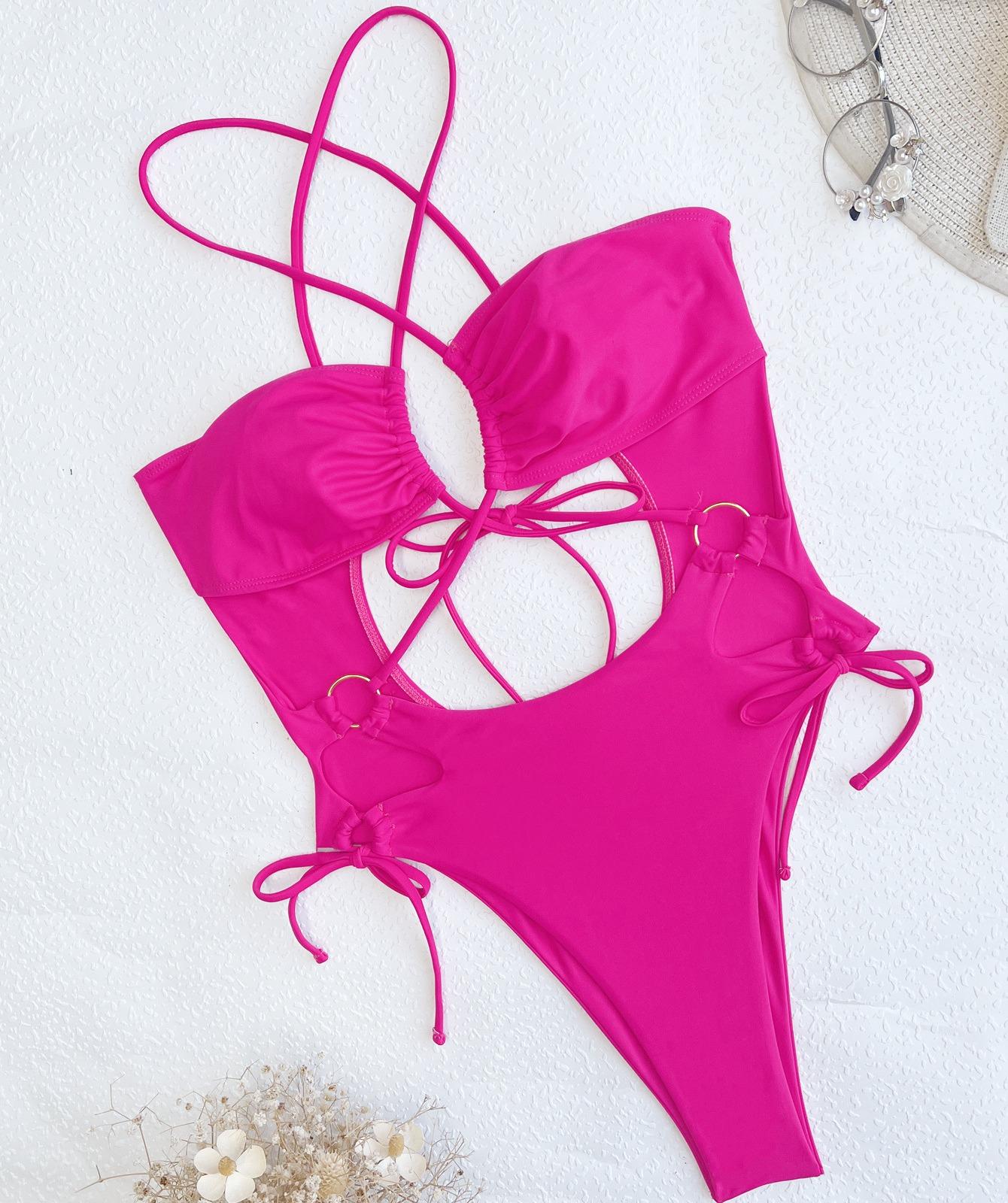 

Женские купальники, сплошной цвет, кроссовер с бретелькой на шее, сексуальные завязки по бокам, цельные купальники, бикини, пляжная одежда, купальные костюмы L ярко-розовый