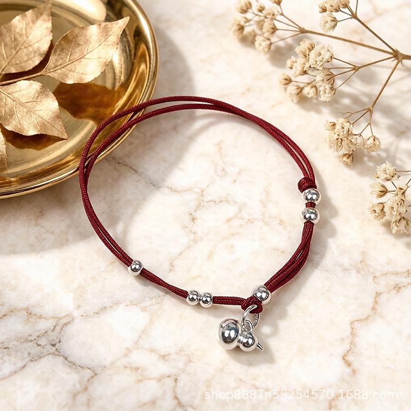 S999 Sterling Silver Gourd Bracelet: Elegant Light Luxury Red String Design чёрный