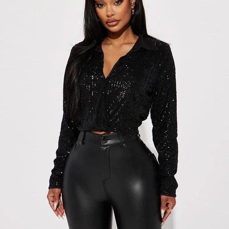 

Сексуальные короткие топы, осенняя элегантная блузка с блестками, отложной воротник, модная рубашка с двумя пуговицами, женская одежда с длинными рукавами 30474 XXXL чёрный
