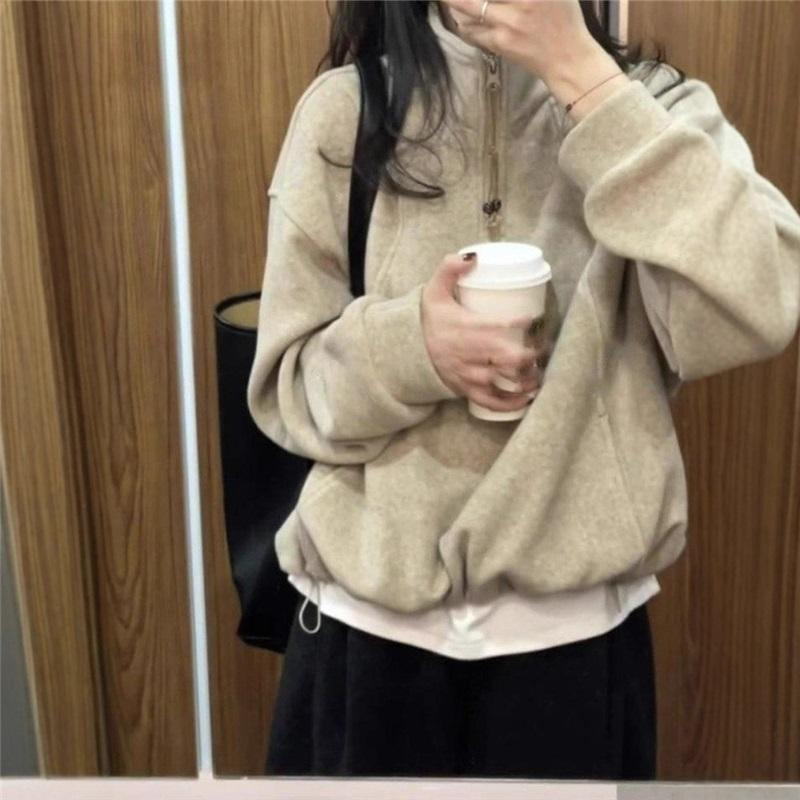 

Women s Half-Zip Stand Collar Sweatshirt Vintage Oatmeal Color Loose Oversized Casual Pullover Autumn Winter Streetwear L абрикосовый
