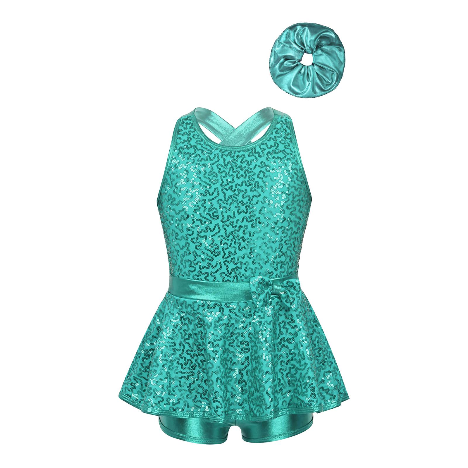 HULIJA Turnpakjes voor meisjes Glitter Ballet Dans Unitards Biketards Activewear met Haarband voor Kinderen 5-6 Years meer blauwe kleur