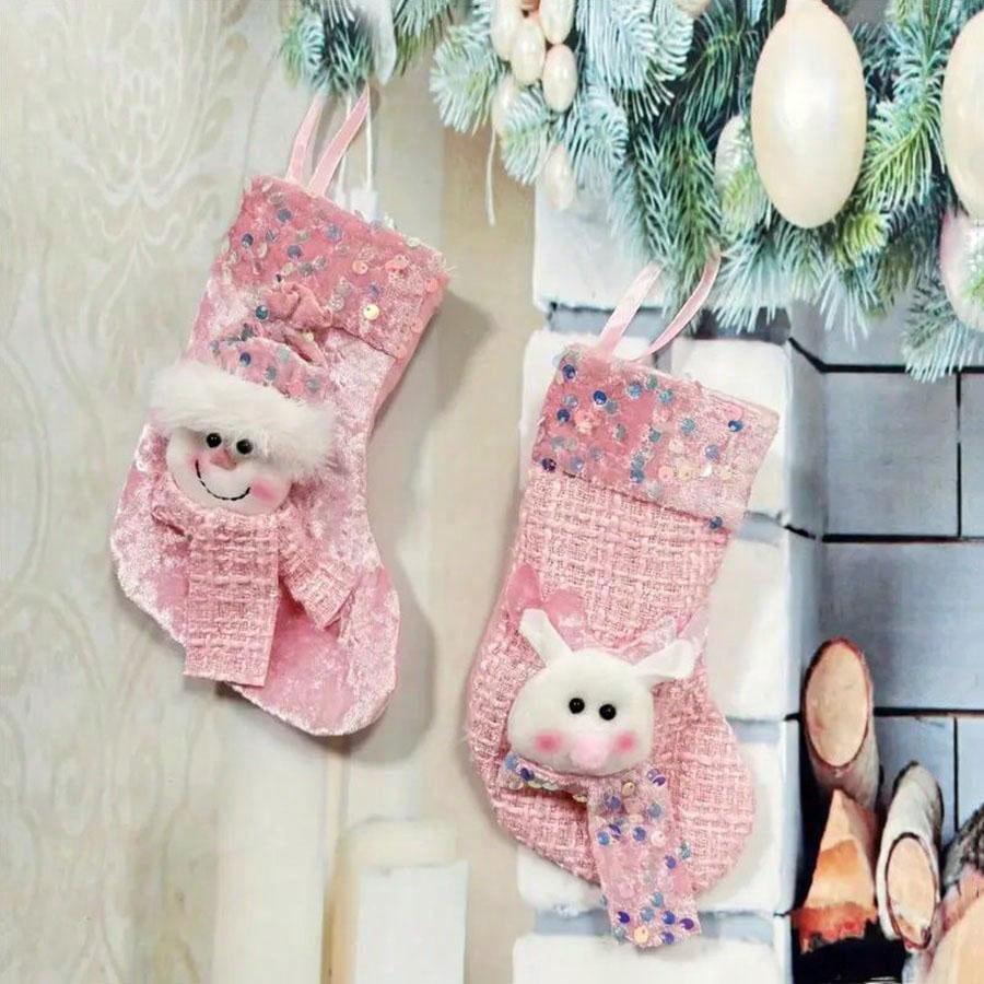 3-Piece Classic Small Pink Christmas Stocking Decoration Set, Featuring Santa Claus, Snowman And Reindeer, Fireplace Ornament.