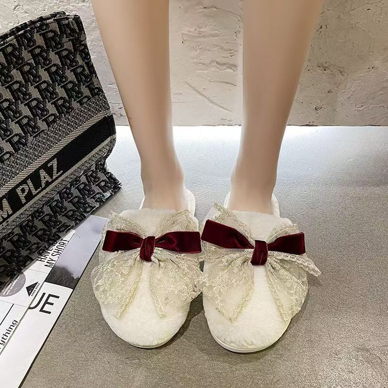 Mode Zapatos Mode Niedliche Damen Baumwollpantoffeln 2025 Winter Neu Runde Zehenpartie Flache Schuhe Schlichte Schleife Damenschuhe Zehentrenner Für Damen