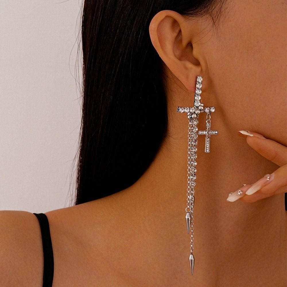 Inlaid Rhinestones Long Tassels Dangle Earrings Fashion Ear Stud Personality Cross Earrings  Women
