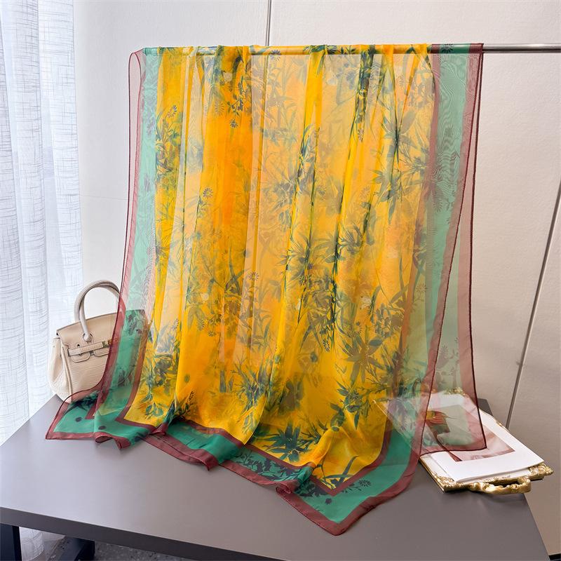 Bamboo Rhyme Yellow Encryption Yourou Yarn Printing Spring And Summer Silk Scarf Large Long Scarf Travel Shawl Sun Protection Women'S Scarf Headscarf