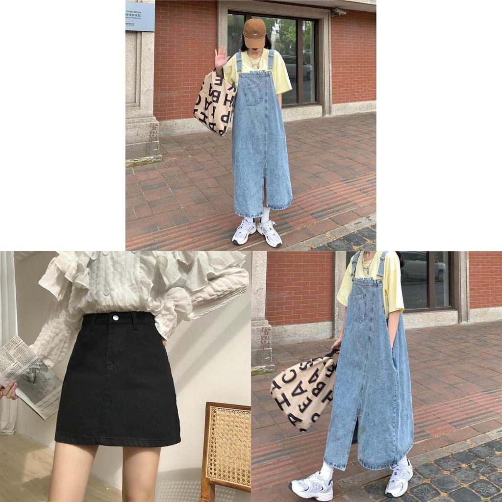 Vintage Denim Suspender Skirt With Knitted Fabric For Casual And Travel Wear
