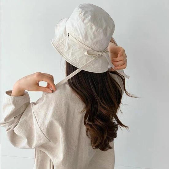 Women Fisherman Hat Lace Up Windproof Fixed Strap Wide Brim Solid Color Sunshade Anti-UV Flat Top Soft Breathable Foldable Basin Hat Lady Summer Cap