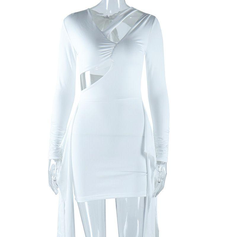 

Fashion Style Pure Color Sexy, Deep V-neck and Backless Shoelace Waist-Tight Elegant Street Short Hip Skirt Generation Hair Dress Beige S