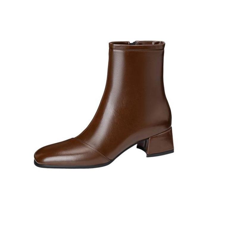 Autumn and Winter Solid Color Side Zipper Large Size Fashion Boots New Round Head Rubber Sole Medium Heel Leather Surface Women's Boots Thick Heel M